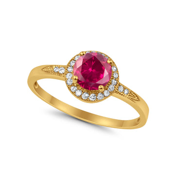 Halo Art Deco Engagement Ring Round Yellow Tone, Simulated Ruby CZ 925 Sterling Silver